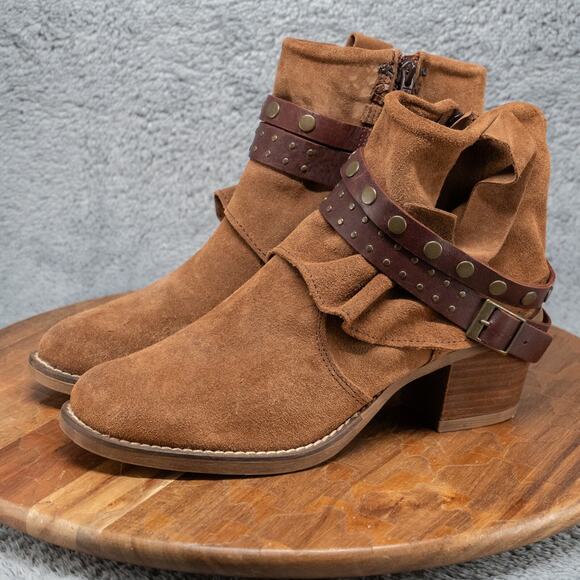 Chocolat Blu Brown Suede Ankle Boots Decorative Braided Straps Buckles Size 8.5 - Picture 3 of 7